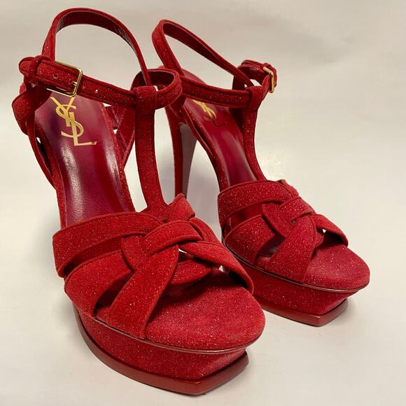 SAINT LAURENT YSL Tribute Platform Heels Red Suede Quartz Glitter EU 38.5/US 8.5 - Picture 3 of 11